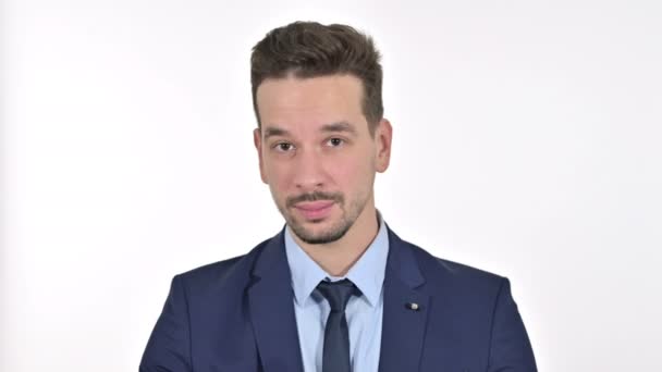 Portrait of Attractive Young Businessman giving Flying Kiss, White Background — Stock Video