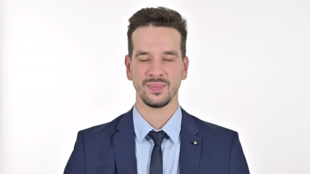 Portrait of Cheerful Young Businessman Waving at the Camera , White Background — Stock Video