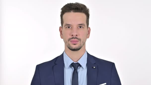 Portrait of Smiling Young Businessman Looking at the Camera , White Background — Stock Video