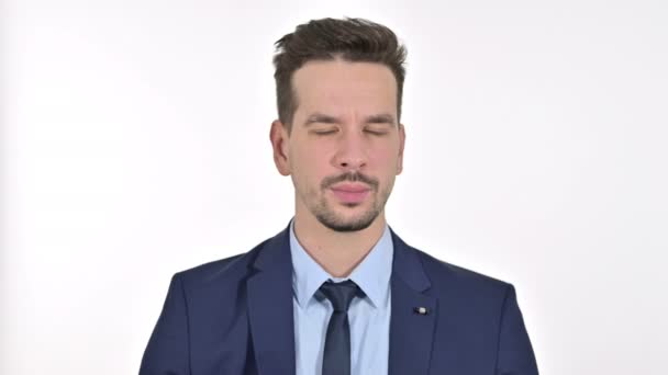 Portrait of Young Businessman Pointing Finger at the Camera, White Background — Stock Video