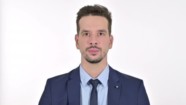 Portrait of Angry Young Businessman doing Video Chat, White Background — 비디오