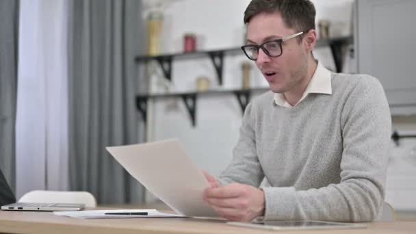 Excited Man Celebrating after Reading Documents, Paperwork — 비디오