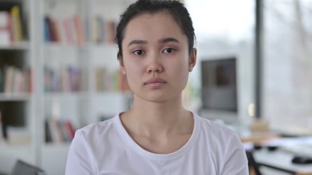 Portrait of No Sign by Young Asian Woman Shaking Head — Stock Video