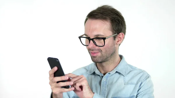 Sıradan Adam Akıllı Telefonu Beyaz Arkaplanda İzole Edildi — Stok fotoğraf
