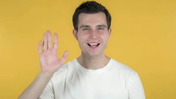 Video Chat by Casual Man Isolated on Yellow Background — Stock Photo, Image