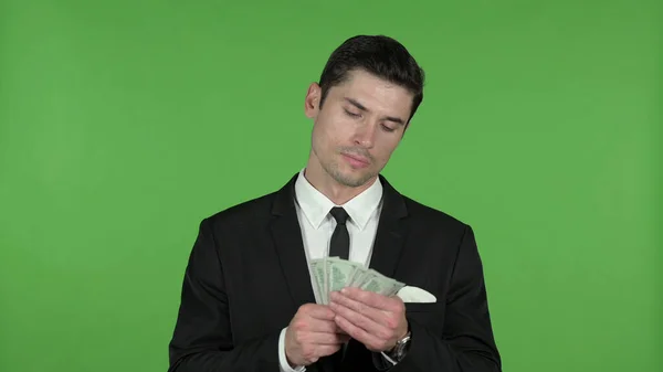 Happy Businessman Counting Money, Chroma Key — Stock Photo, Image