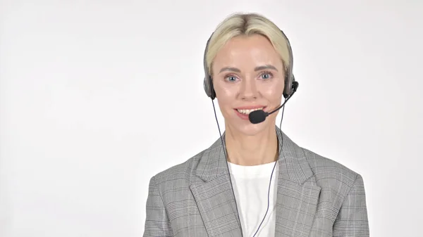 Smiling Call Center Woman with Headset on White Background — Stock Photo, Image