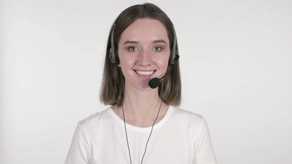 Sorrindo Call Center Mulher com fone de ouvido em fundo branco — Fotografia de Stock