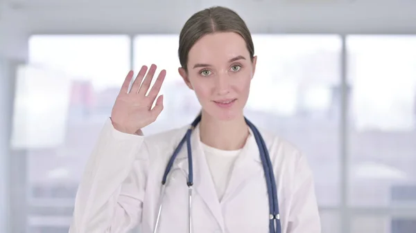 Portrait of Beautiful Young Female Doctor doing Video Chat — Stok Foto