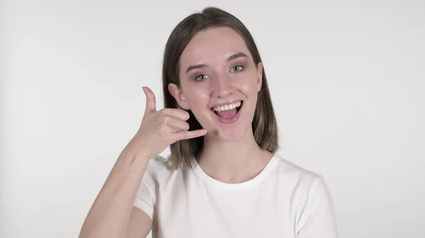 Chame-me Gesture by Young Woman on White Background — Fotografia de Stock