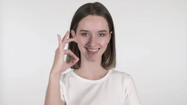 Okay Sign by Young Woman on White Background — Stock Photo, Image