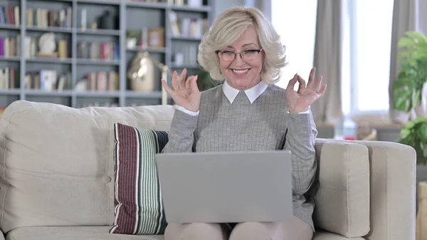 Oude vrouw zit op de bank en viert succes op laptop — Stockfoto