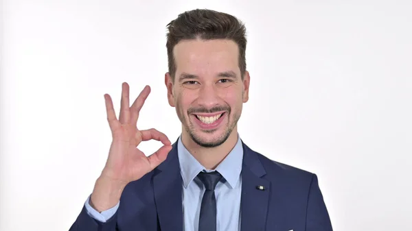 Cheerful Young Businessman doing OK Sign , White Background — Stock Photo, Image