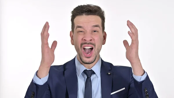 Shocked Young Businessman Reacting to Failure, White Background — 스톡 사진