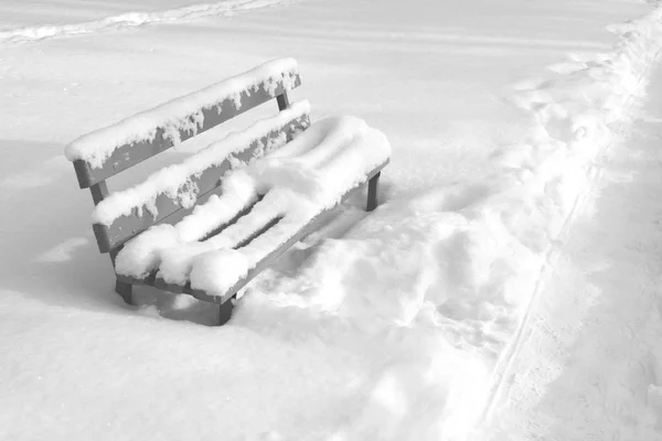 Snow-covered bench in winter / black and white photo — Stock Photo, Image