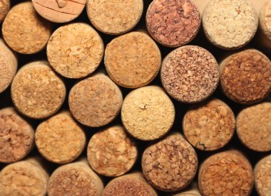 Birçok farklı şarap mantarlar duvarına. Şarap mantarlar closeup.