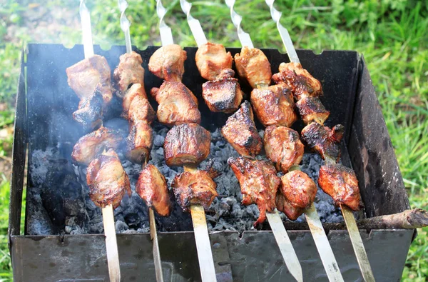 Pyszne czerwone mięso na grillu podczas przygotowywania shish kebab — Zdjęcie stockowe