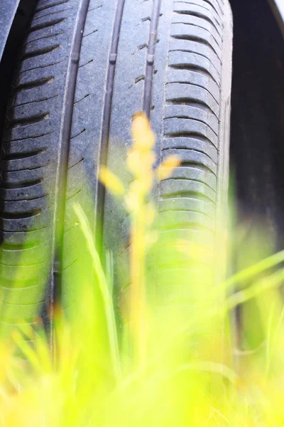 Nyári autó gumiabroncs közeli nyáron — Stock Fotó