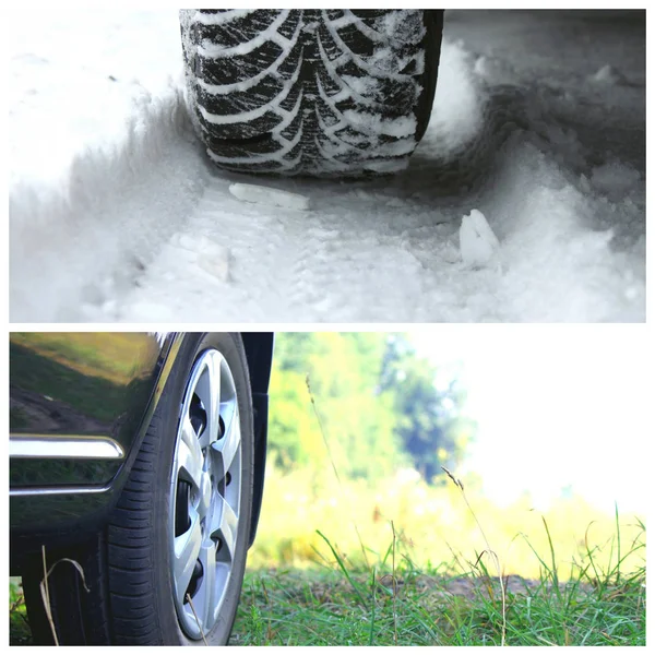 Collage Two Tires Winter Tire Snow Background Summer Tire Grass — Stock Photo, Image