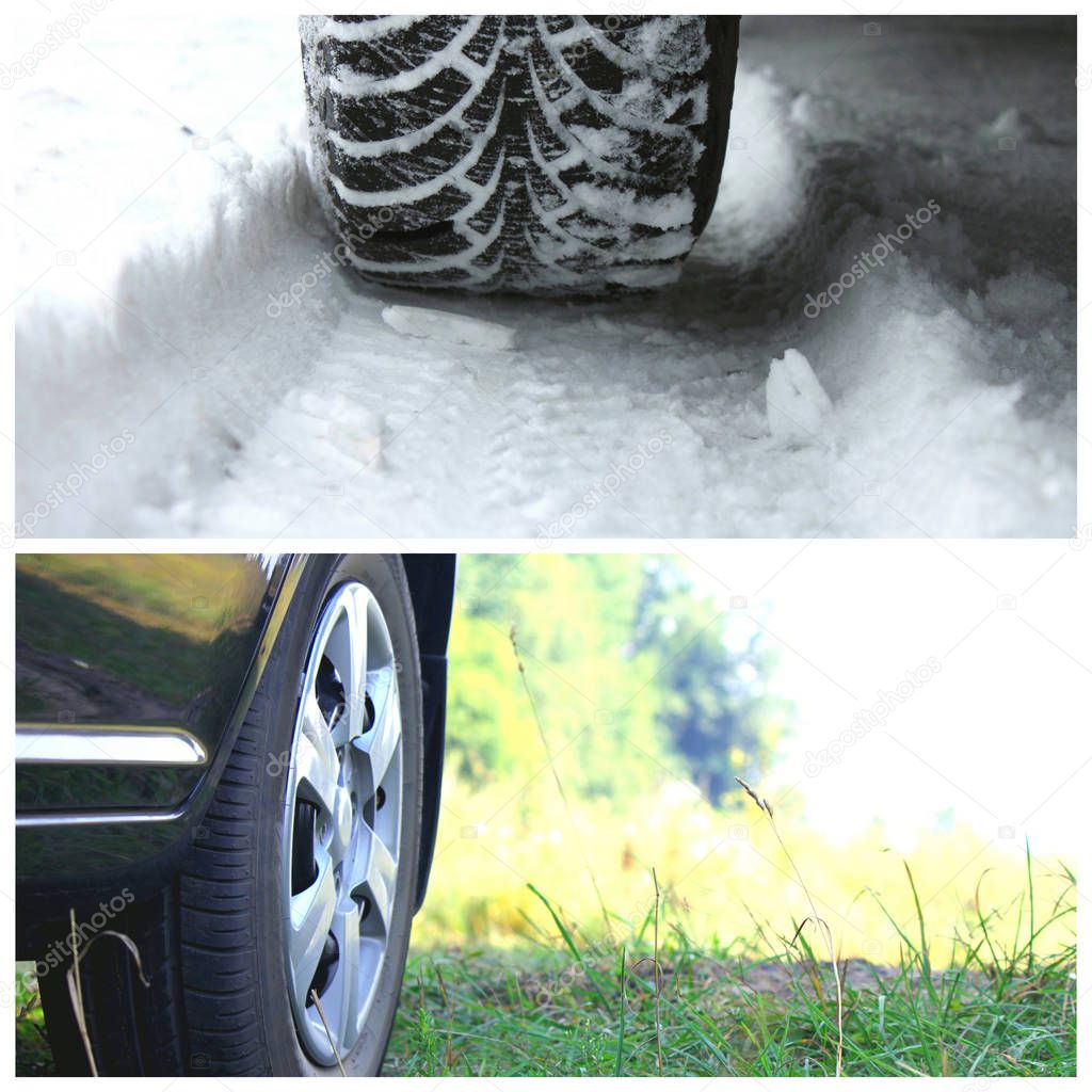 Collage with two tires: winter tire on snow background and summer tire on grass background