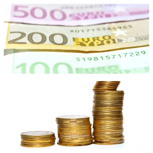 Collage Met Eurobankbiljetten Gouden Munten Geïsoleerd Witte Achtergrond — Stockfoto