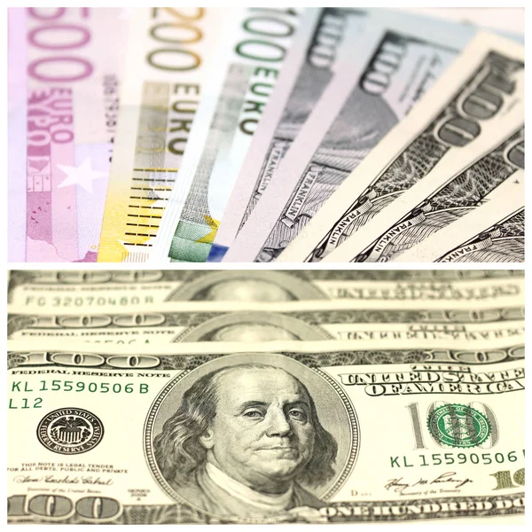 Collage Met Verschillende Eurobankbiljetten Dollar Bills — Stockfoto