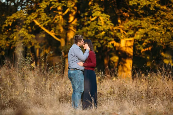 Los amantes se besan al atardecer en el bosque — Foto de Stock