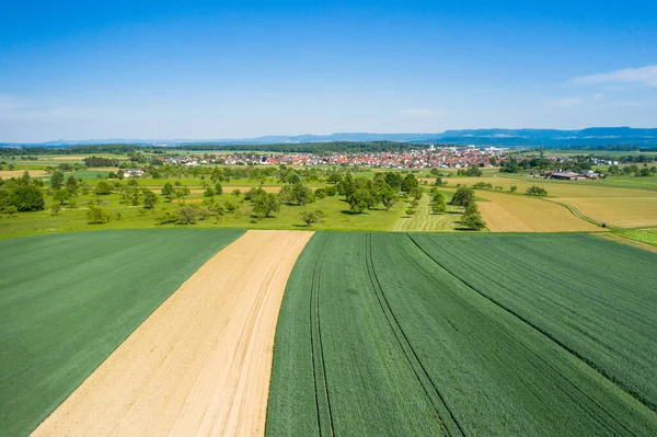 Aerea Campi Prati Con Villaggio Rurale Wolfschlugen Alb Suabian Sullo — Foto Stock