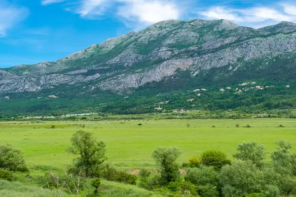 Landscape of a valley and low mountains in the Dalmatian region with farms and villages.