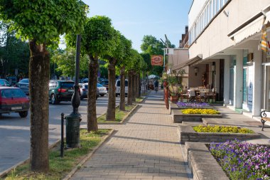 Harkany / Macaristan - 05.08.2018: Sakin ve sakin bir tatil beldesi olan Harkany 'nin sokakları, hala çok az turistin bulunduğu ilkbaharda.