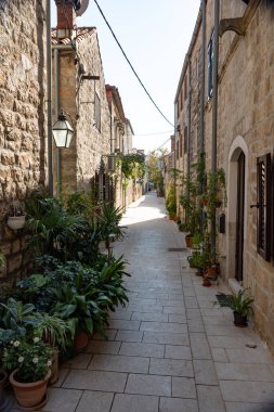 20230, Ston, Croatia - 10.17.2018: View of the old town on the Mediterranean coast where salt is mined to date.