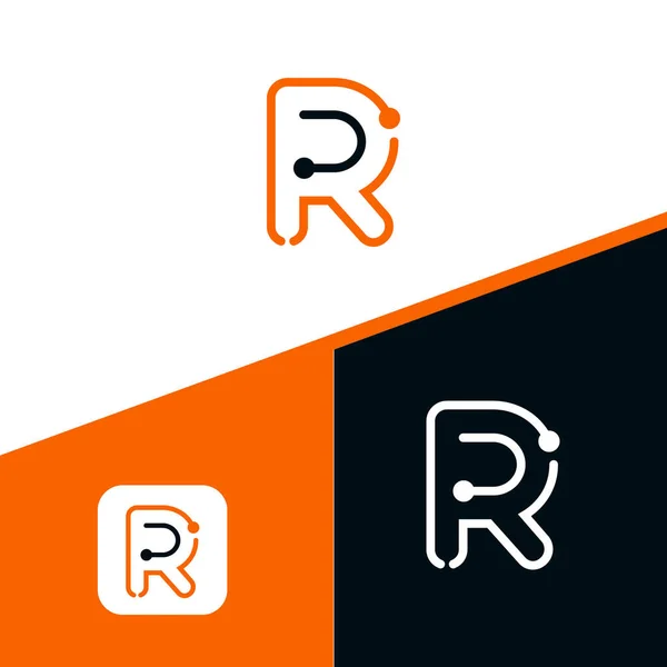 手紙Rのロゴデザイン テクノロジーとデジタルドット接続のロゴベクトル — ストックベクタ