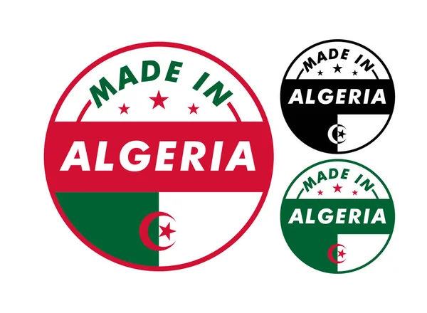Κατασκευασμένο Στην Αλγερία Και Σημαία Αλγερίας Για Ετικέτα Αυτοκόλλητα Σήμα — Διανυσματικό Αρχείο