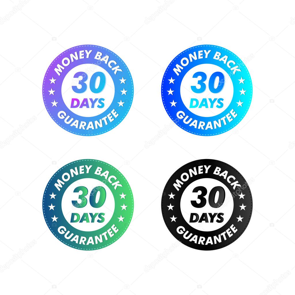 30 Days Money Back Guarantee stamp vector illustration. Vector certificate icon. Set of 4 beautiful color gradients