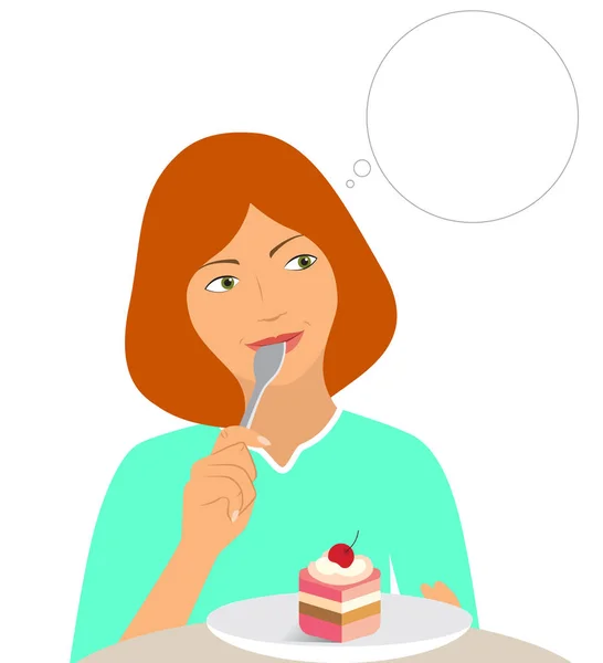Belle fille penser et manger un gâteau — Image vectorielle