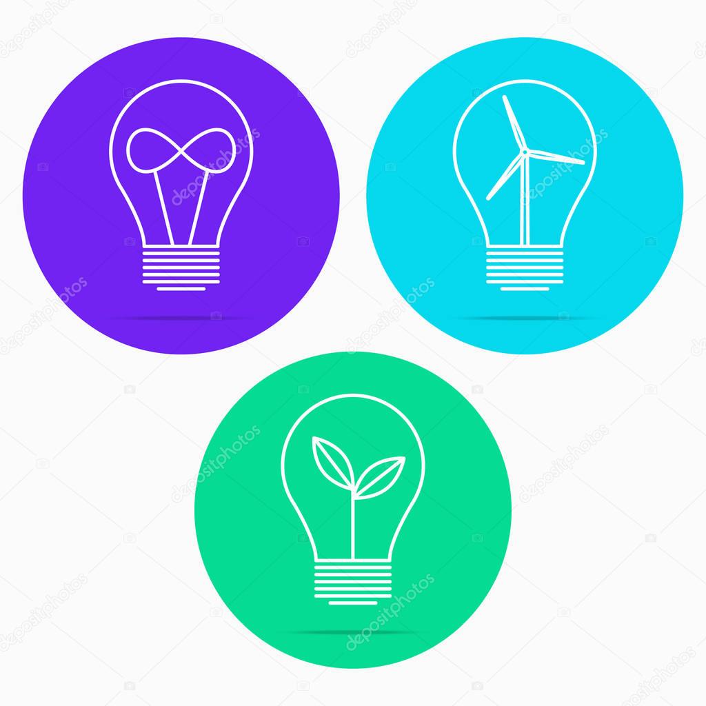 Light bulb with young shoots, infinity sign, windmill. Vector illustration