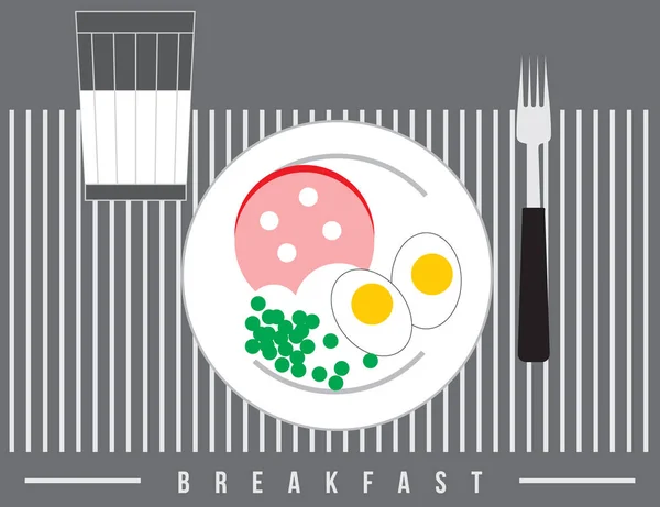Frühstück mit einem Glas Milch, Ei, Erbsen und Wurst, Vektorillustration — Stockvektor