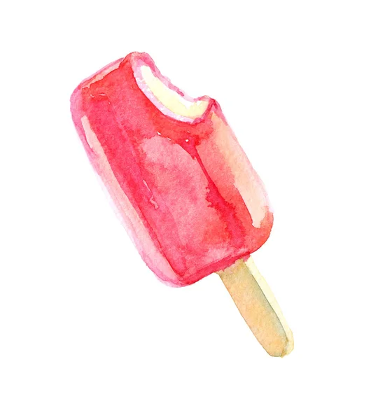 Ice cream on stick. Covered with red frosting. Watercolor illustration