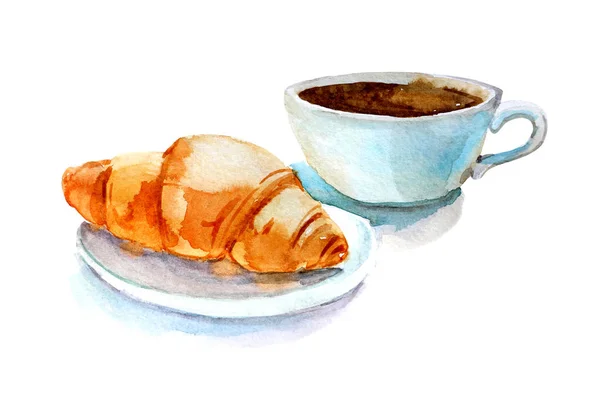 Tazza di caffè con croissant, acquerello illustrazione, isolato su — Foto Stock