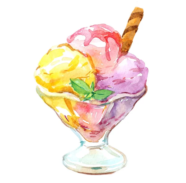 Gelato in tazza su sfondo bianco, Illustrazione ad acquerello — Foto Stock