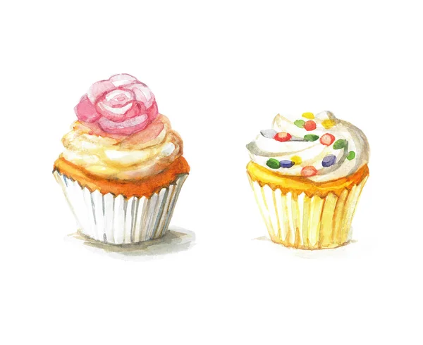 Handgezeichnetes Cupcake-Set, Aquarell-Illustration, isoliert auf — Stockfoto