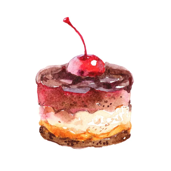 Prăjitură trasă manual cu cireșe și ciocolată, ilustr acuarelă — Fotografie, imagine de stoc