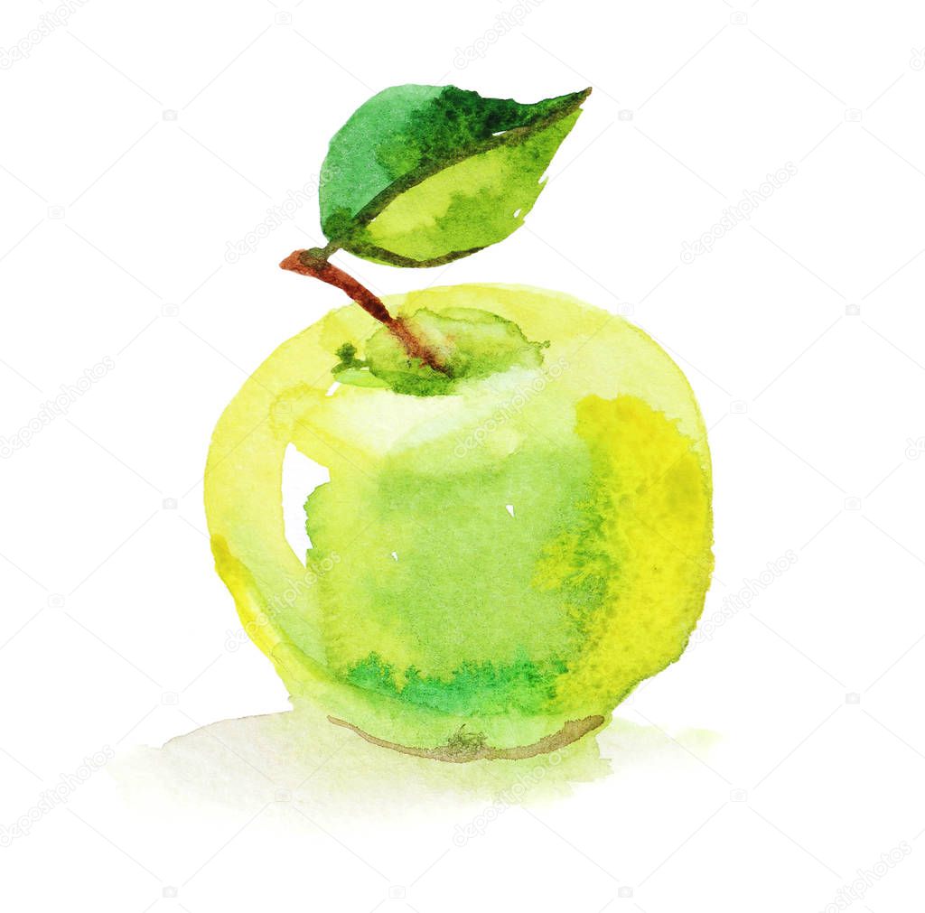 Яблоко акварель на белом фоне