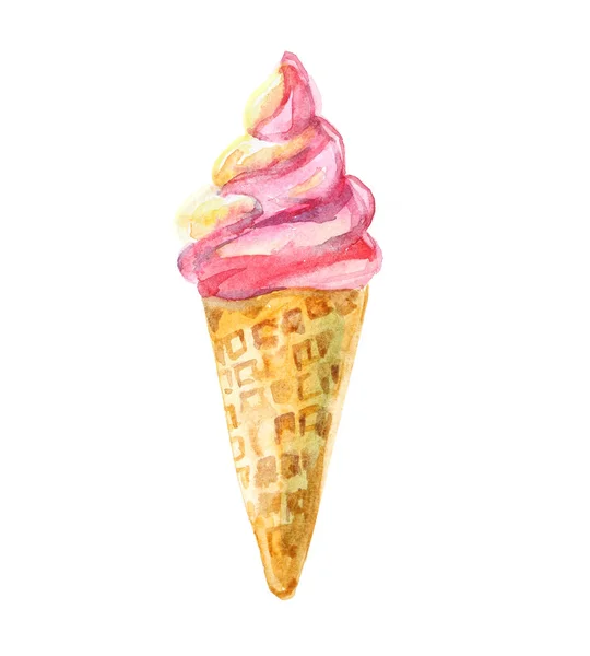 Crème glacée dans un cône de gaufre. Illustration aquarelle — Photo