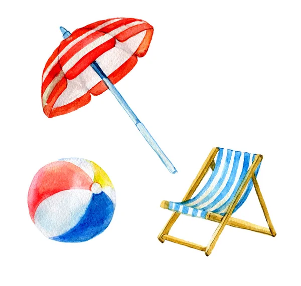 Strandset Sommerobjekte Sonnenschirm Ball Stuhl Isoliert Auf Weißem Hintergrund Aquarell — Stockfoto