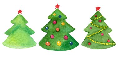 Beyaz arkaplanda izole edilmiş bir Noel ağacı seti, suluboya çizimi