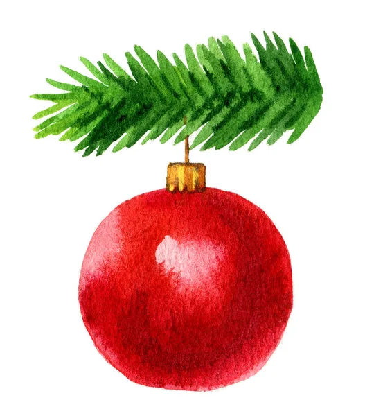 Bola Rama Árbol Navidad Aislada Sobre Fondo Blanco Ilustración Acuarela — Foto de Stock