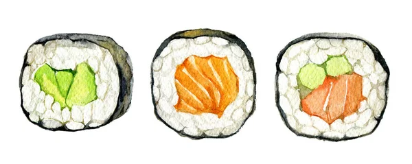 Conjunto Rollos Sushi Aislados Sobre Fondo Blanco Ilustración Acuarela — Foto de Stock