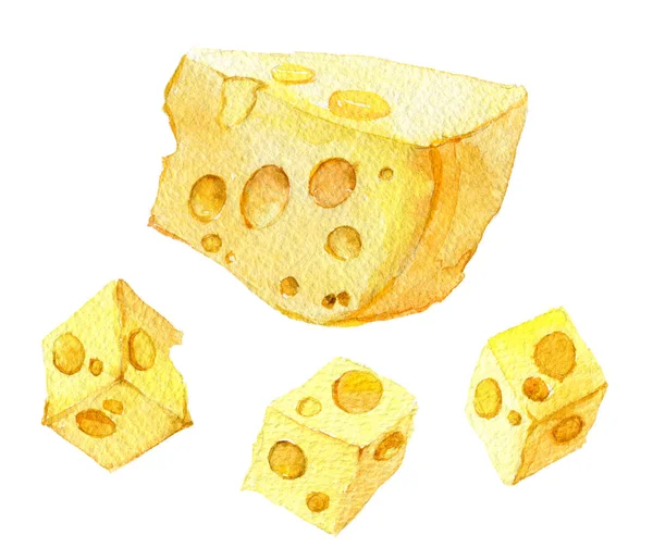 Κομμάτι Του Τυριού Και Κύβους Τυρί Απομονώνονται Λευκό Φόντο Ακουαρέλα — Φωτογραφία Αρχείου