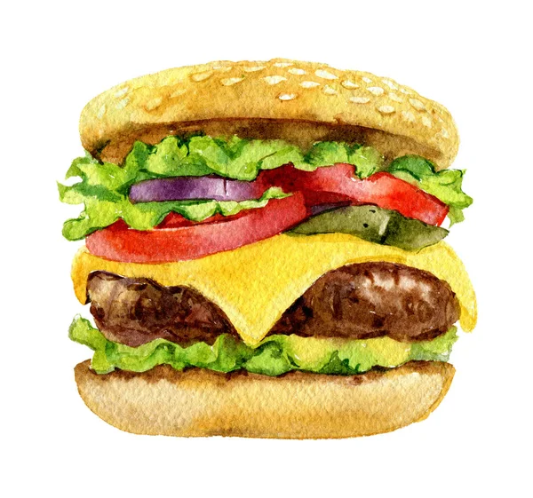 Klassischer Burger Cheeseburger Isoliert Auf Weißem Hintergrund Aquarell Illustration — Stockfoto